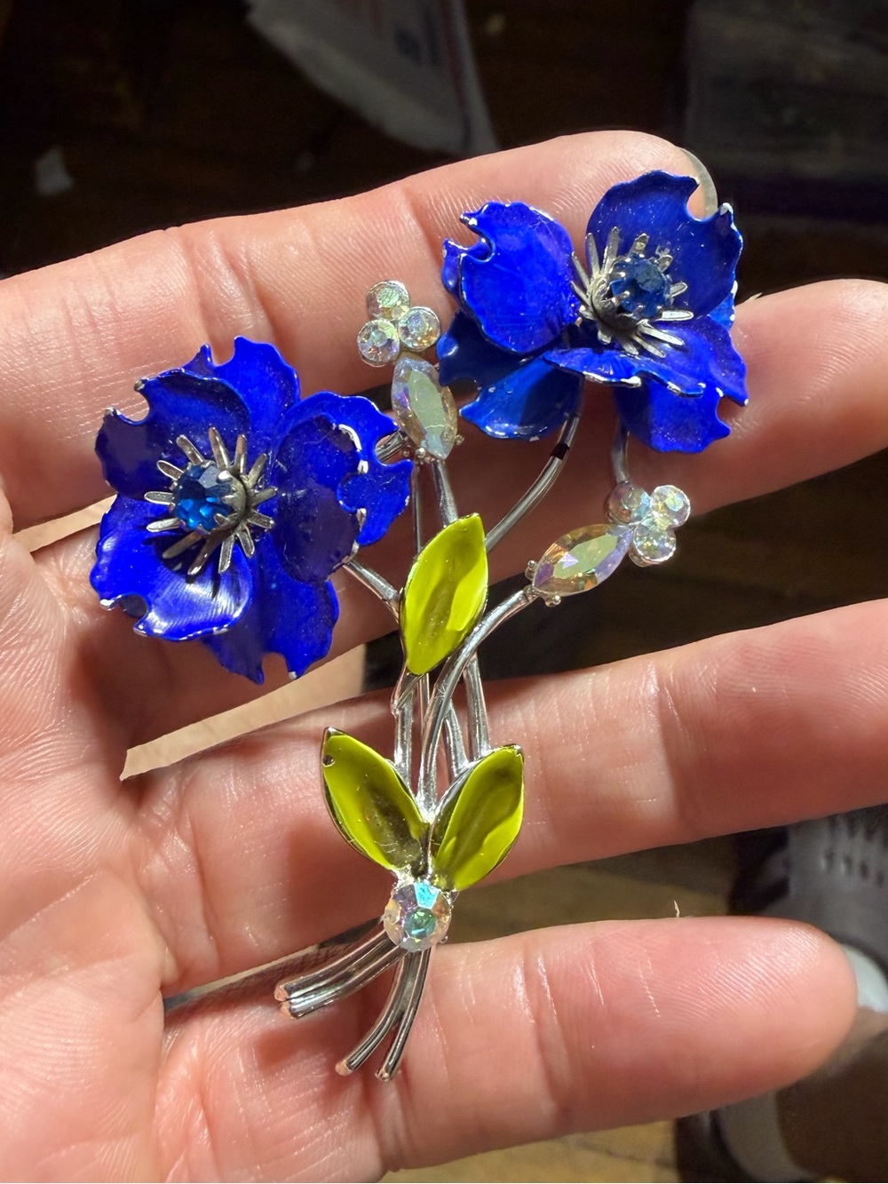 vintage Coro silver-tone Royal blue floral enamel rhinestone brooch